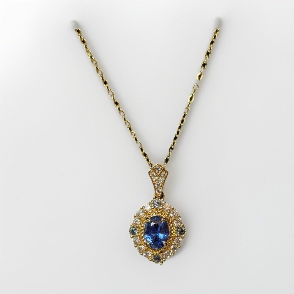Gold Cable Chain Necklace Oval Blue Halo Pendant Charm, Spring Ring